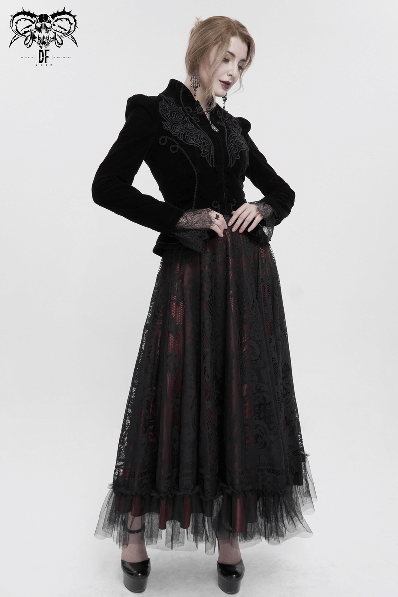 Stylish woman in a vintage gothic long skirt layered with lace and a black jacket, perfect for a dramatic fashion statement.