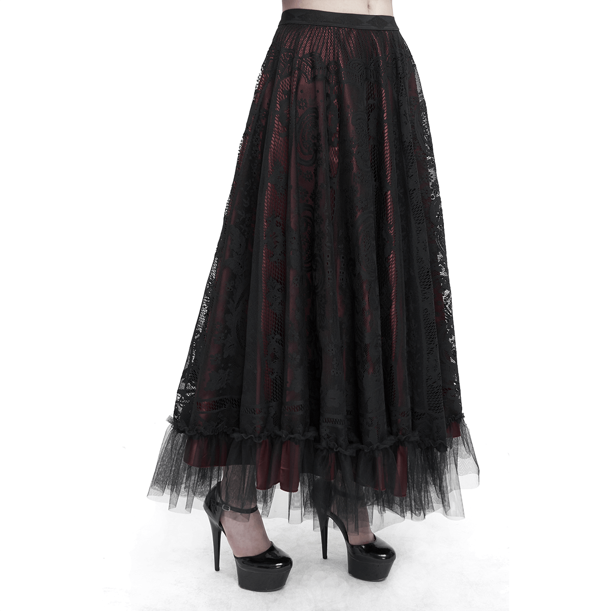 Women's gothic lace layered long skirt in vintage wine red with a dramatic tulle hem, perfect for a stylish look.