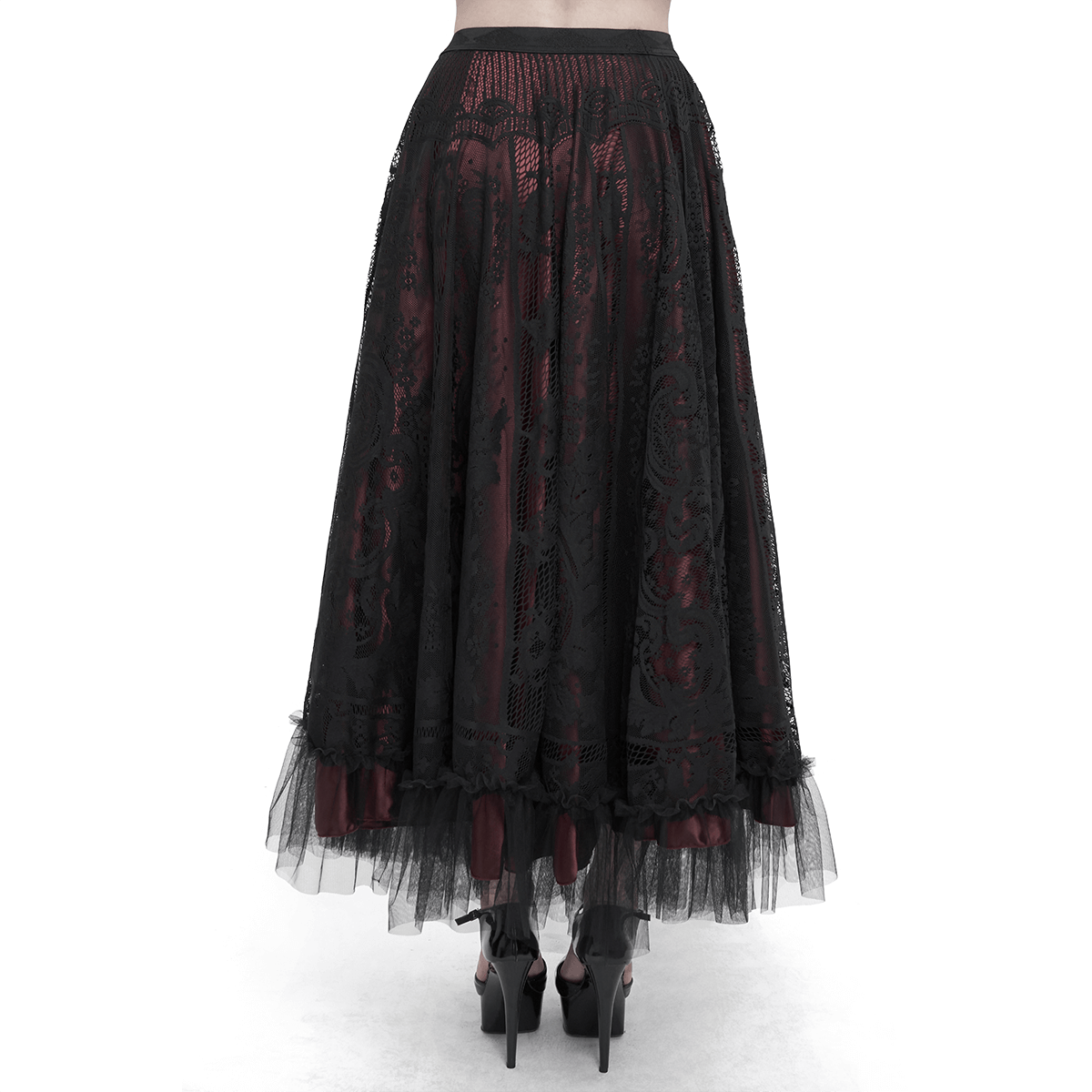 Women's Gothic Lace Layered Draped Long Skirt / Vintage Wine Red Skirt With Elastic Waistband