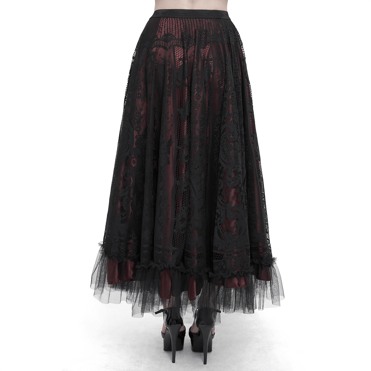 Back view of a women's vintage wine red gothic layered long skirt with tulle trim and elastic waistband.