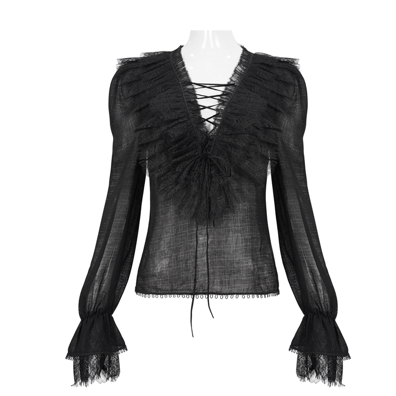 Women's Gothic Long Sleeves Top with Lace Up on Front / Elegant V-Neck Ruffle Top