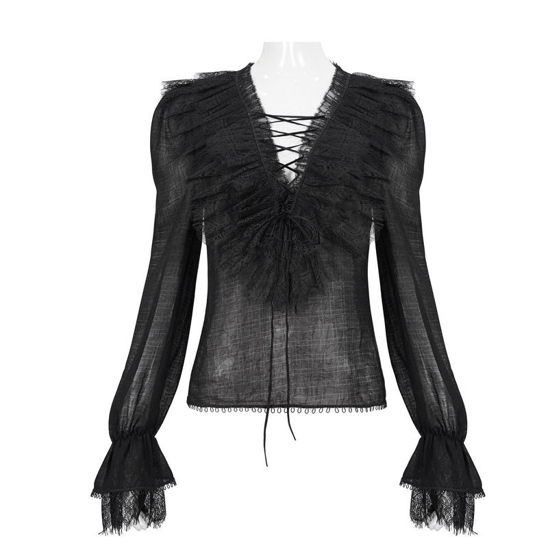 Women's gothic long sleeve top with lace-up front and elegant ruffle details in black.