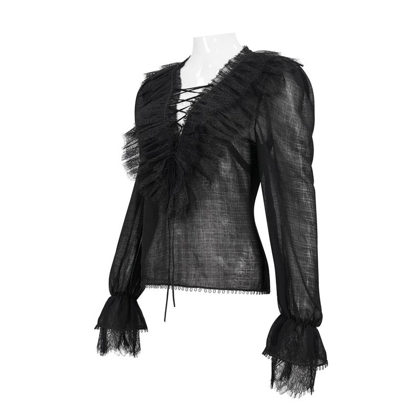 Women's gothic long sleeves top with lace-up front and elegant ruffle details in black.