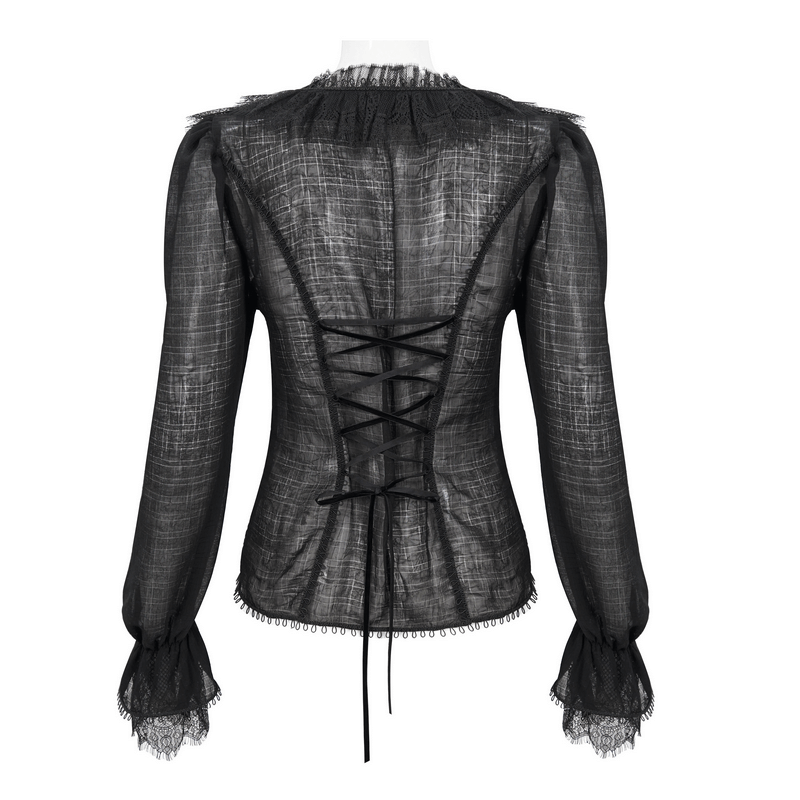 Back view of Women's Gothic Long Sleeves Top with lace-up detail, showcasing elegant ruffle and sheer fabric.