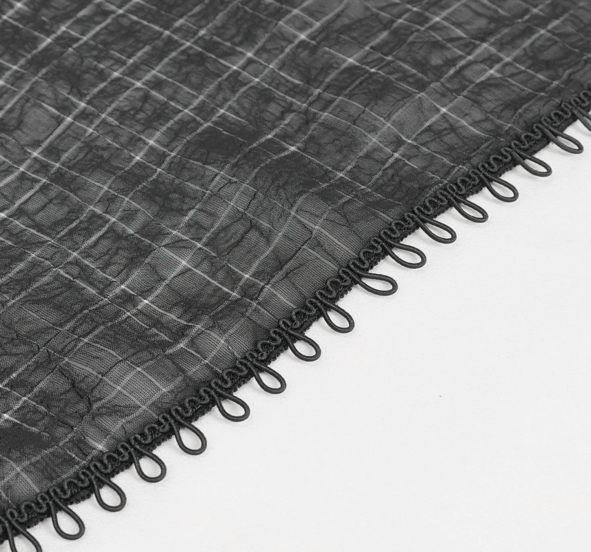 Close-up of black gothic lace with intricate loop details on the edge, perfect for elegant designs.