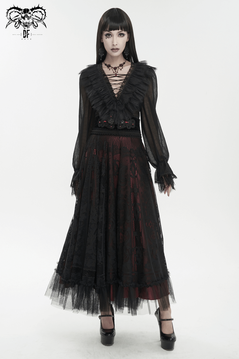 Stylish women's gothic long sleeve top with lace-up front and elegant ruffle details, perfect for gothic outfits.