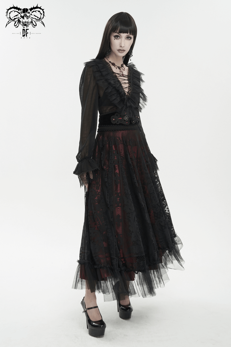 Elegant women's gothic long sleeve top with lace-up front and ruffle details, styled for a dramatic look.