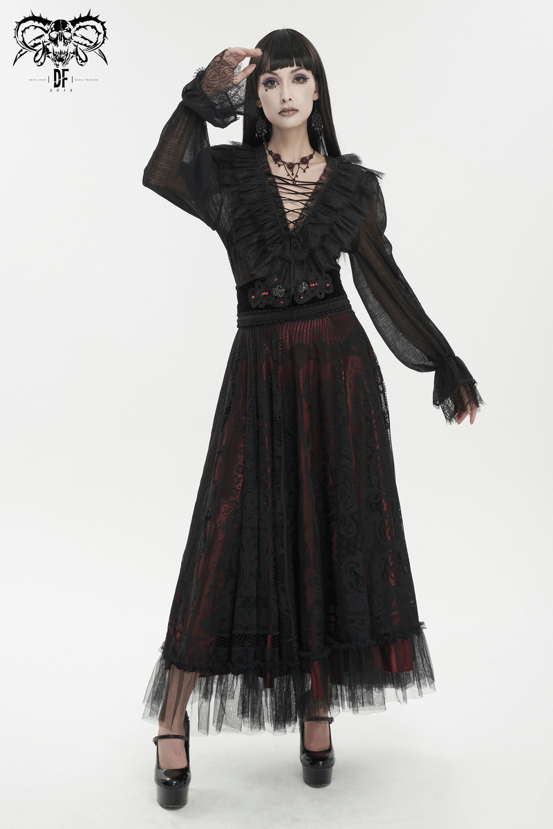 Elegant women's gothic long sleeves top with lace-up front, paired with a flowing black and red skirt.