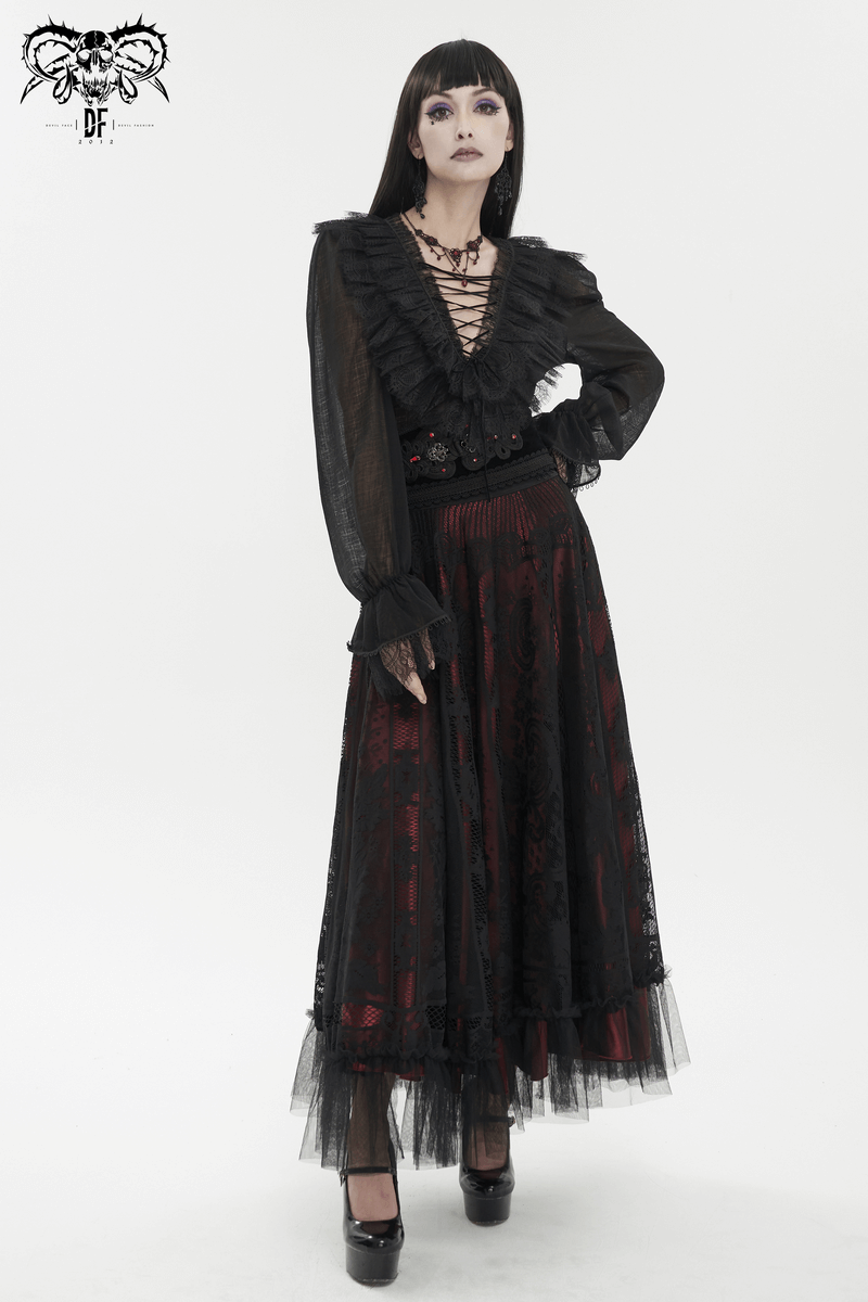 Women's Gothic long sleeve top with lace-up detail and elegant ruffle, perfect for creating stylish gothic outfits.
