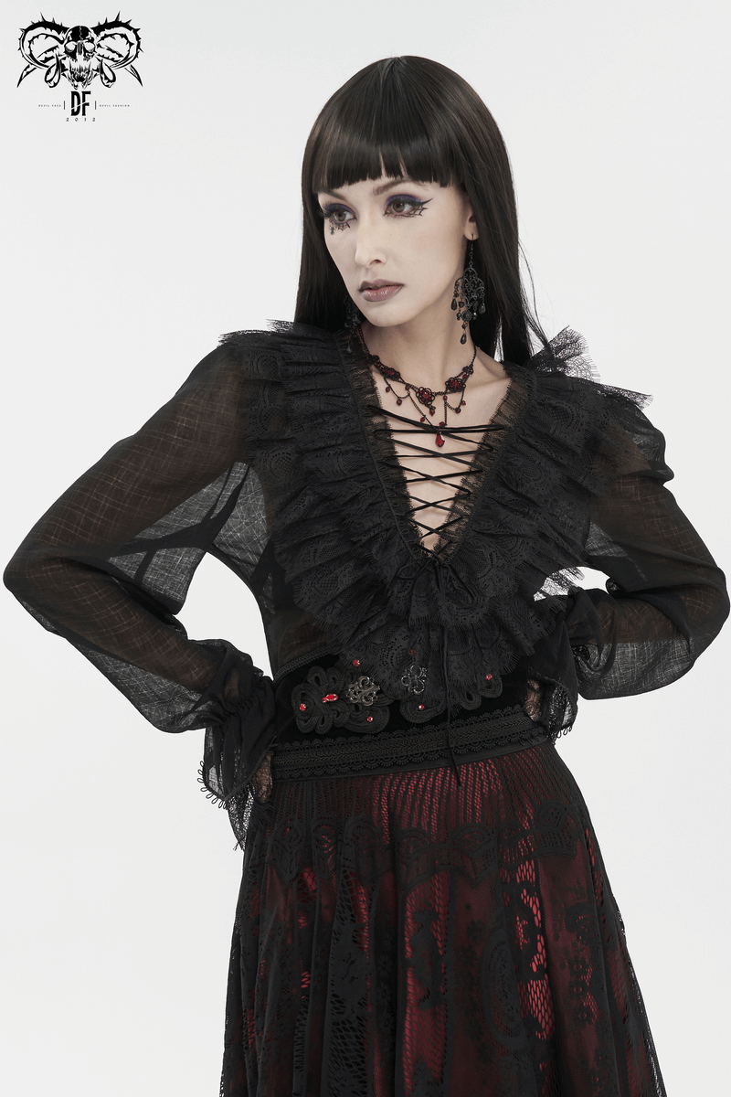 Elegant women's gothic long sleeve top with lace-up front and ruffle detail, perfect for stylish gothic outfits.