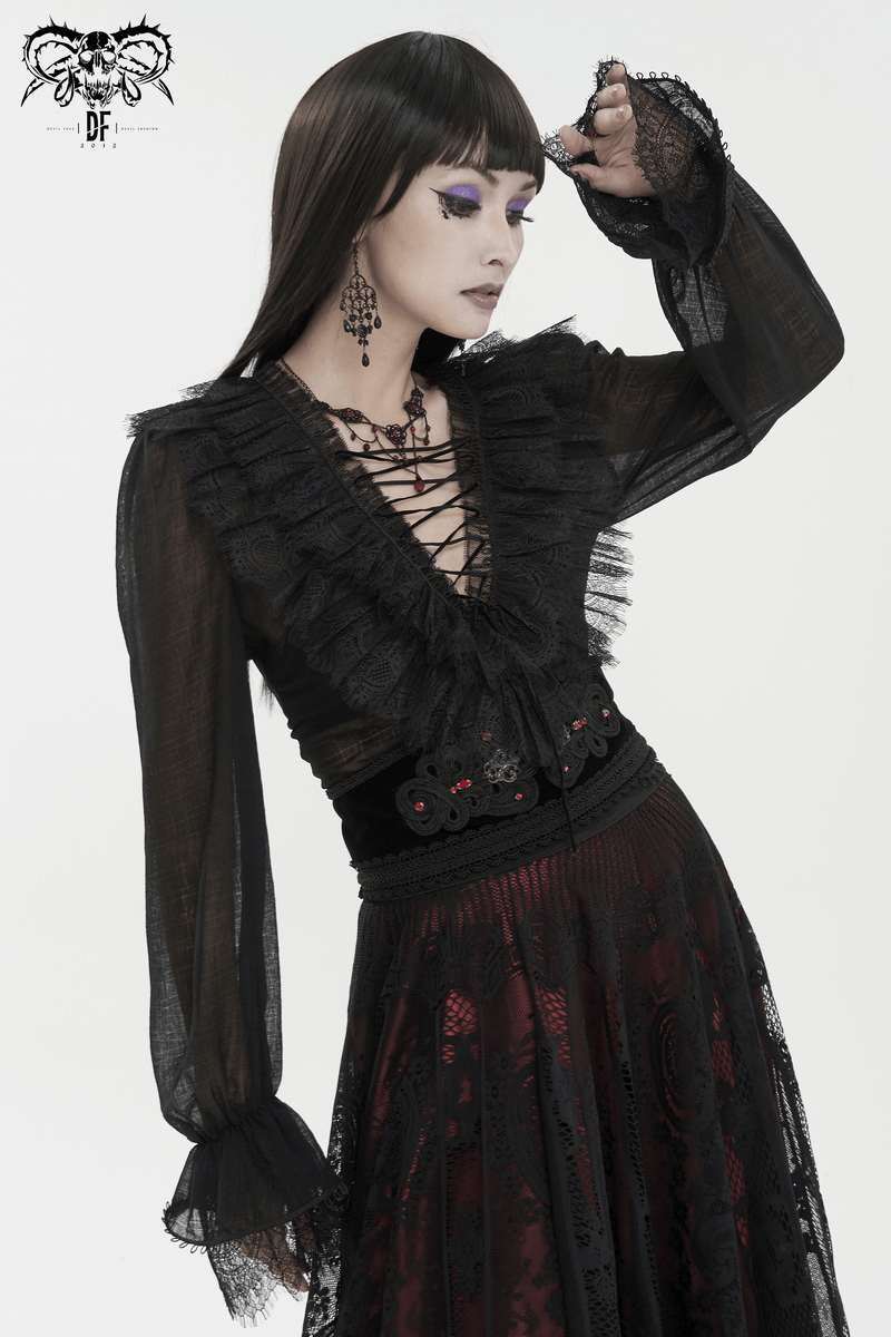 Model showcasing a women's gothic long sleeve top with lace-up front and ruffles, paired with elegant accessories.