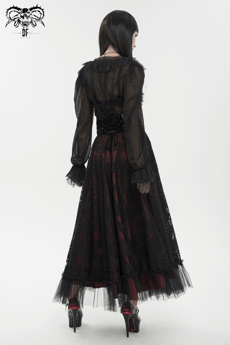 Elegant back view of a women's gothic long sleeve top with lace-up detailing, paired with a flowing black skirt.