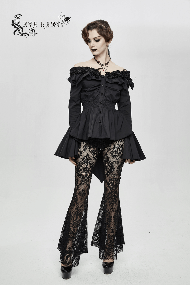 Women's gothic off-shoulder blouse with flare sleeves, paired with lace pants in a stylish gothic fashion look.