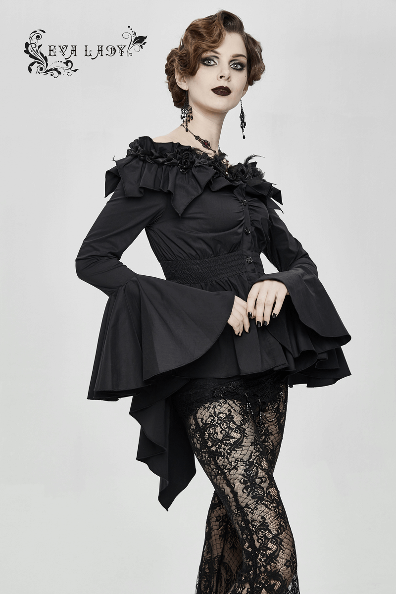Women's Gothic off-shoulder blouse with flare sleeves and asymmetric hem, featuring floral details.