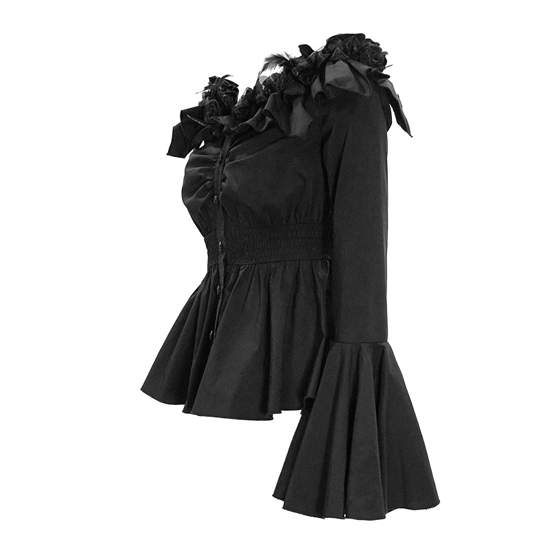 Women's gothic off-shoulder blouse with flare sleeves and floral accents, perfect for a stylish wardrobe update.