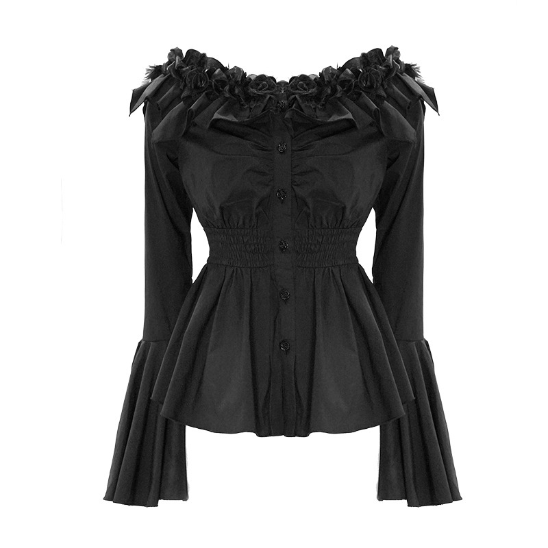 Black Gothic blouse with off-shoulder design, flare sleeves, and rose flower embellishments for a trendy look.