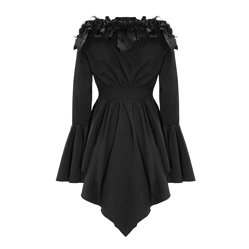 Women's Gothic off-shoulder blouse with flare sleeves and rose embellishments in black, featuring an asymmetric hem.