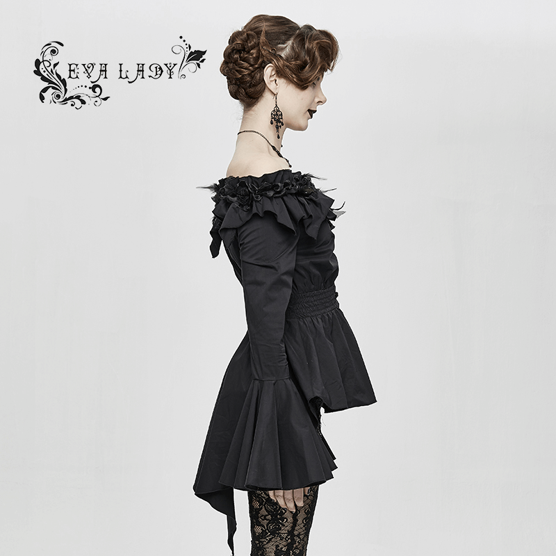 Women's Gothic Off Shoulder Flare Sleeves Blouse / Black Asymmetric Hem Shirt with Rose Flowers