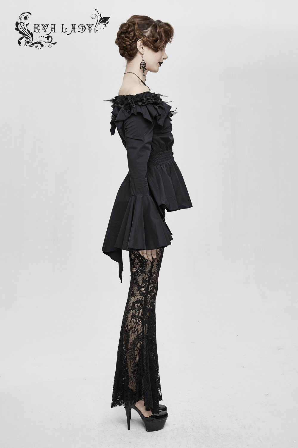 Women's Gothic off-shoulder blouse with flare sleeves and lace pants in black, showcasing a trendy gothic style.