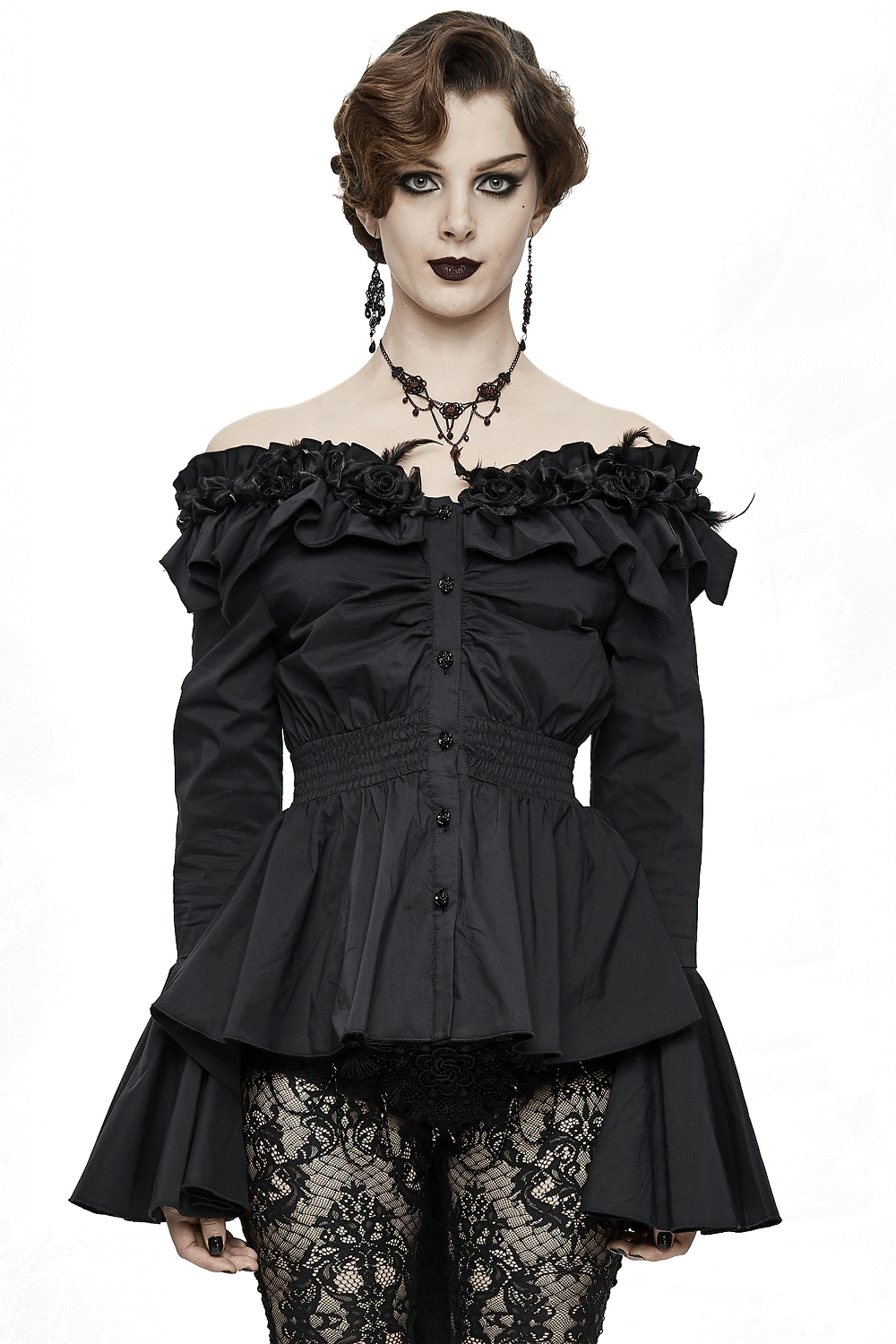 Women's gothic off-shoulder black blouse with flare sleeves and lace details, perfect for a trendy look.