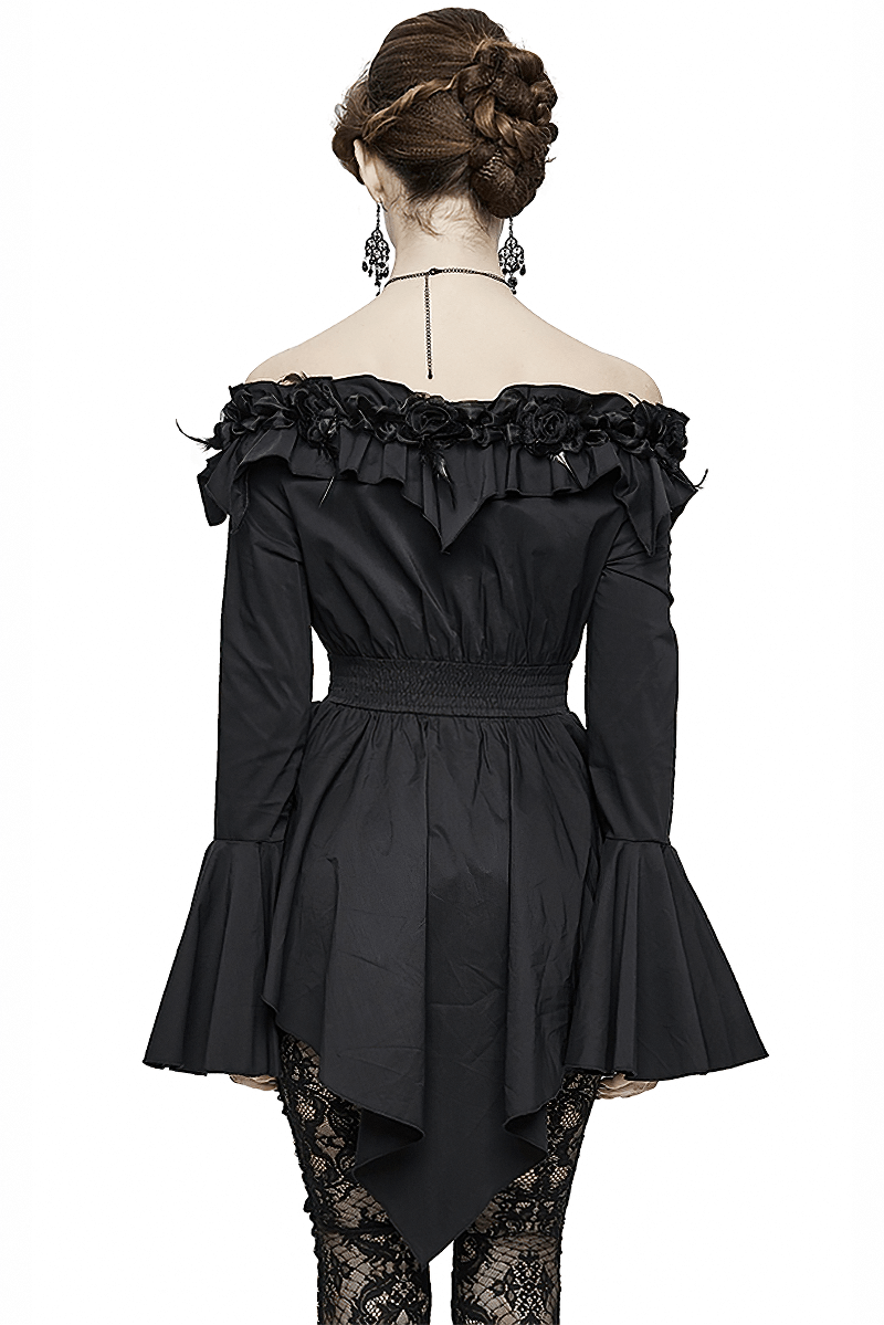 Back view of women's gothic off-shoulder blouse with flare sleeves and rose details, featuring asymmetrical hem and lace detailing.