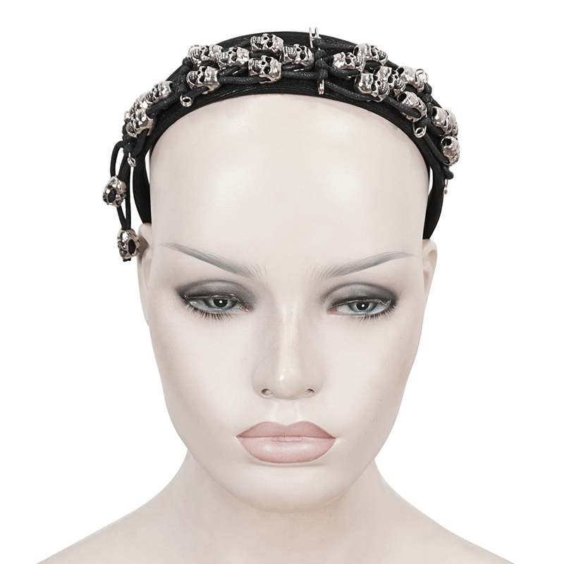 Stylish women's gothic skulls hair band showcased on a model, perfect for alternative fashion outfits.