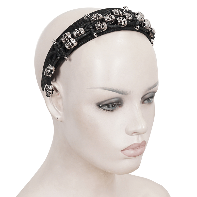 Gothic skull hair band worn by a model, perfect alternative fashion accessory for stylish women.