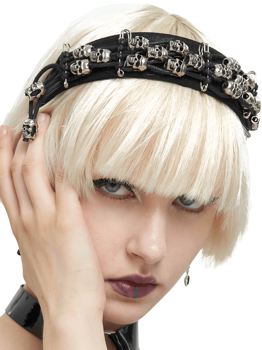 Stylish model showcasing a women's gothic skull hair band, perfect for alternative fashion lovers.