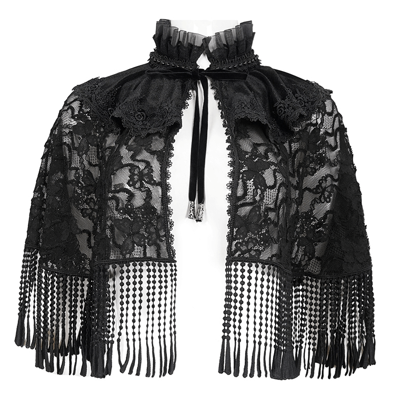 Women's Gothic Stand Collar Tassels Lace Cape / Elegant Ladies Capes in Black Color