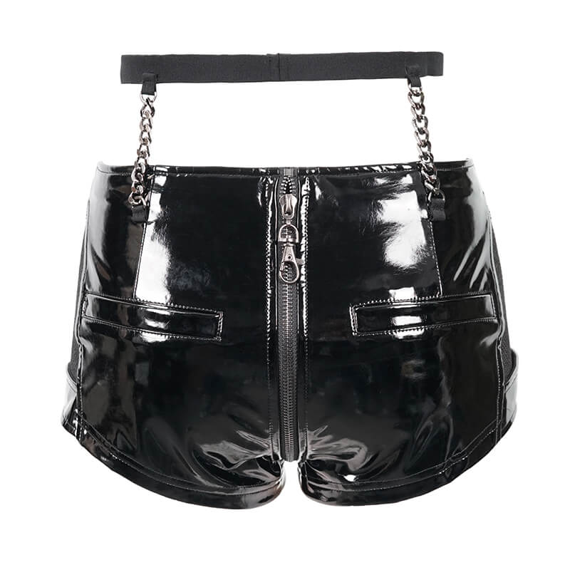 Women’s Gothic Style Black Synthetic Leather and Mesh Shorts / Sexy Ladies Zipper Shorts with Chains - HARD'N'HEAVY