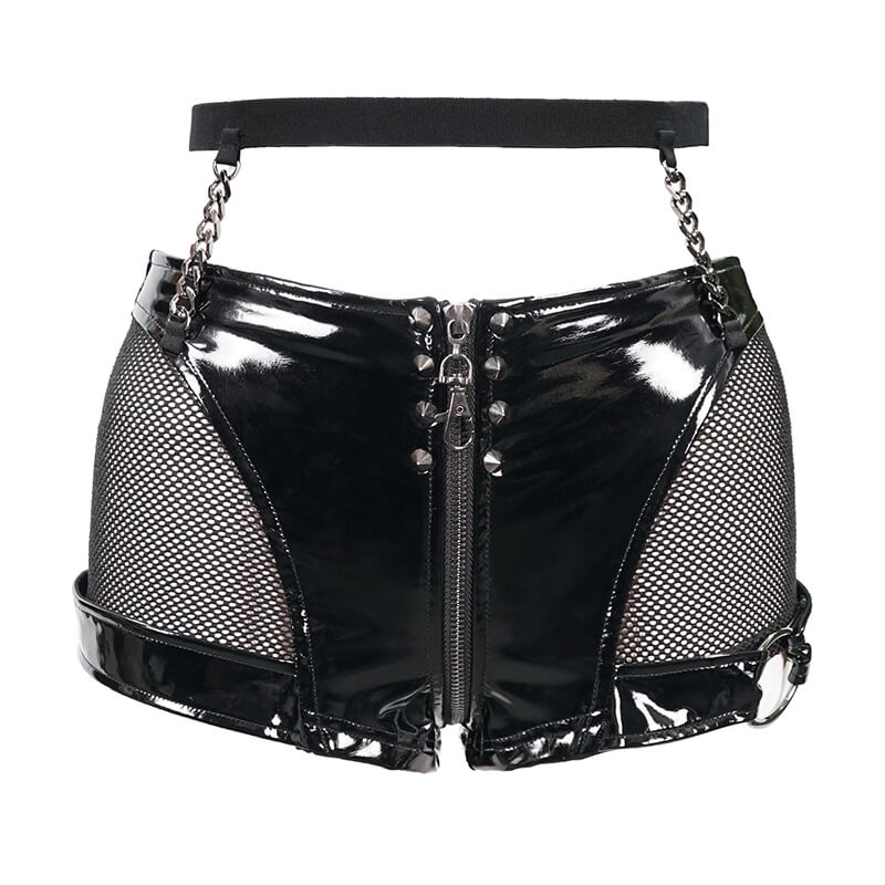 Women’s Gothic Style Black Synthetic Leather and Mesh Shorts / Sexy Ladies Zipper Shorts with Chains - HARD'N'HEAVY
