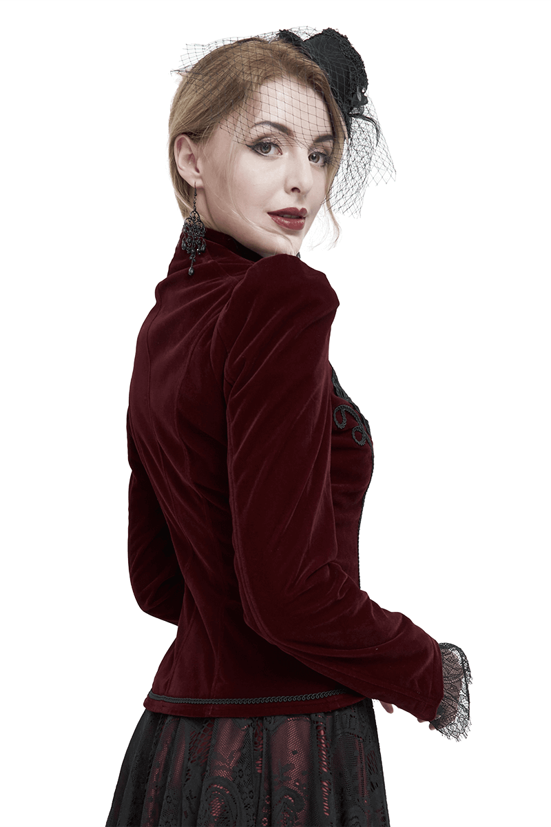 Elegant women’s gothic velvet jacket in wine red, featuring lace appliqué and decorative buttons, perfect for gothic fashion.