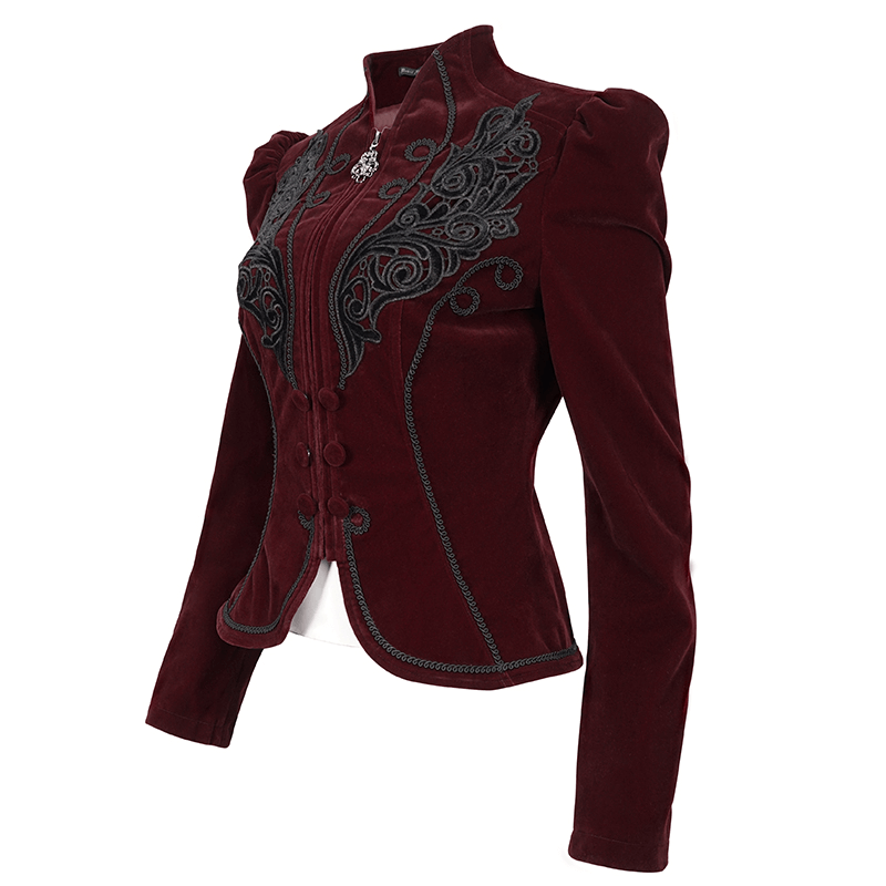 Women's Gothic Velvet Zipper Wine Red Jacket / Ladies Lace Applique and Decorative Buttons Jacket