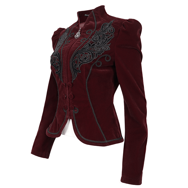 Stylish women's gothic velvet jacket in wine red with lace applique and decorative buttons, perfect for gothic fashion.