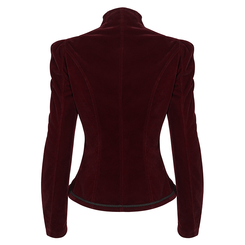 Back view of women's wine red gothic velvet jacket with decorative design and fitted silhouette.