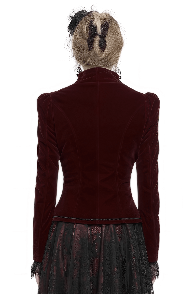 Back view of a women's wine red velvet gothic jacket with lace accents and decorative buttons.