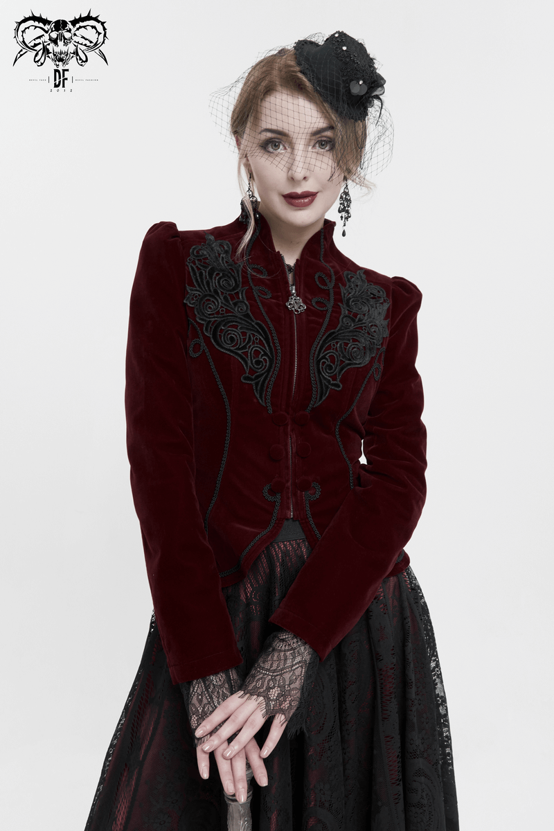 Elegant women's gothic wine red velvet jacket with lace appliqué and decorative buttons, perfect for gothic fashion.