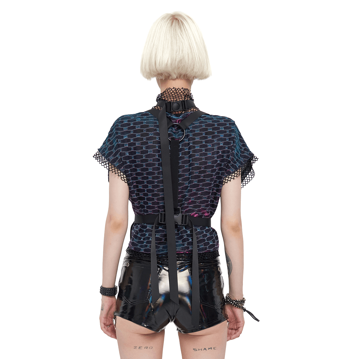 Women's Grunge Batwing Short Sleeves Loose Top / Round Neck Mesh Top with Buckle Strap Body Harness