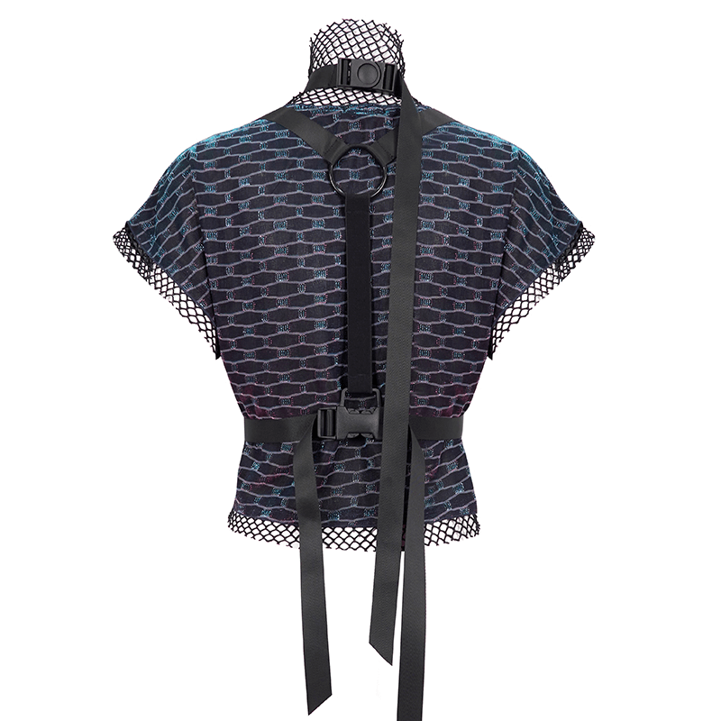 Back view of a women's grunge style batwing mesh top with buckle strap harness details.