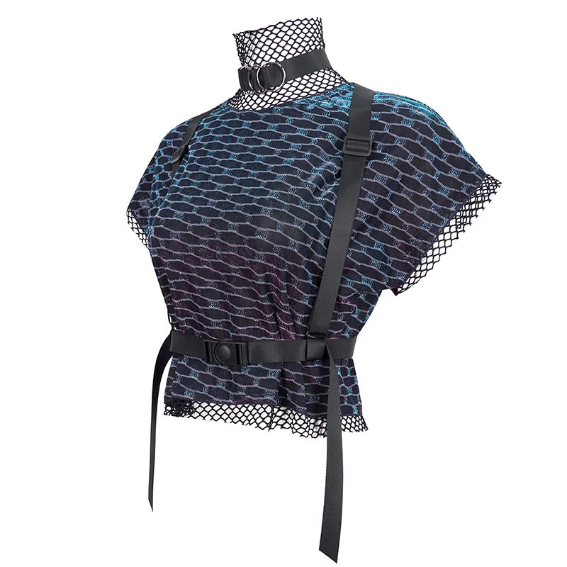Grunge batwing mesh top with buckle strap harness, loose fit, stylish women's short sleeve clothing.