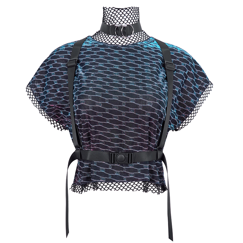 Stylish women's grunge batwing mesh top with buckle strap harness, perfect for a trendy and comfortable look.