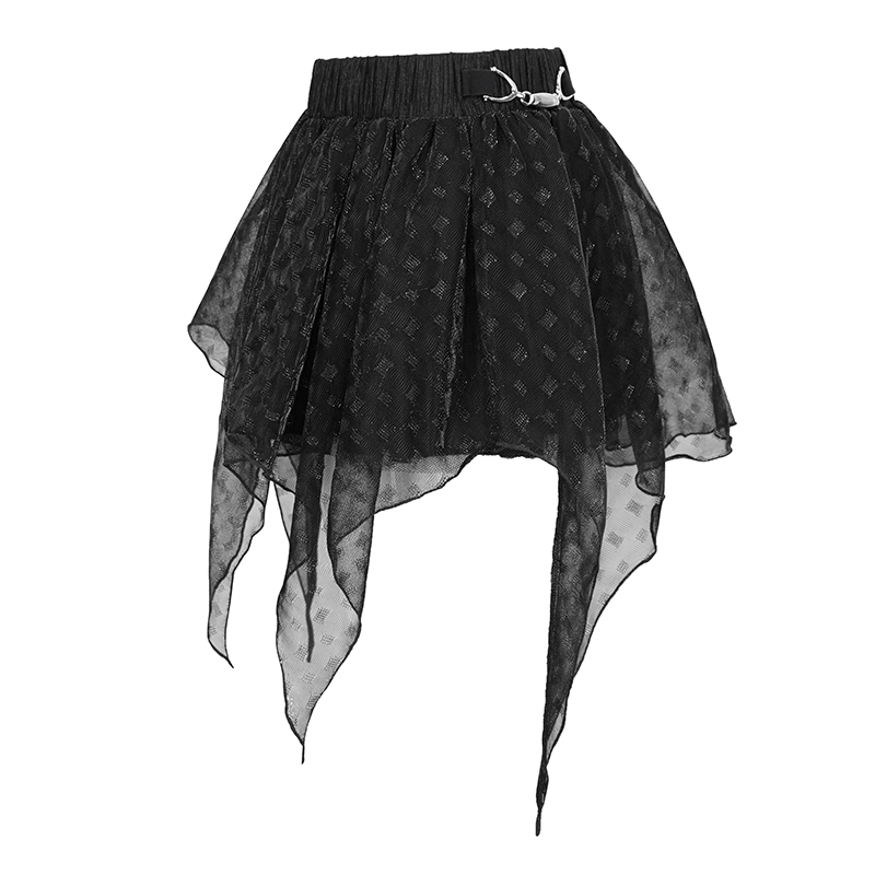 Women's black irregular layered mesh skirt with elastic waistband, featuring a stylish grunge design.