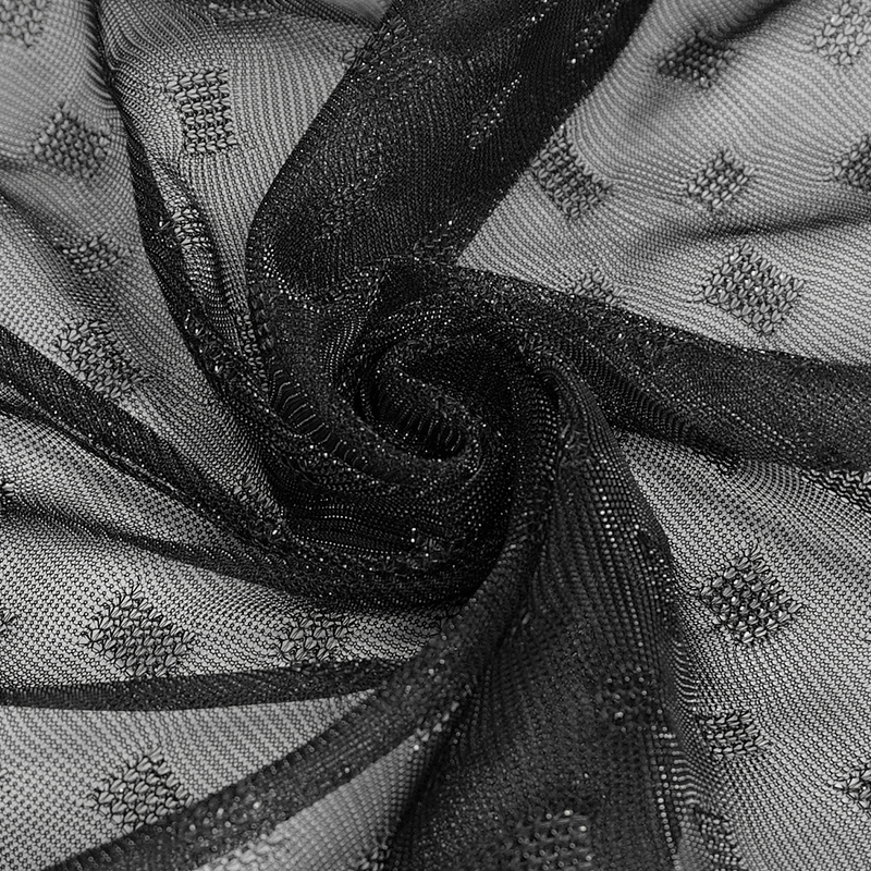 Close-up of black mesh fabric with textured pattern, perfect for a women's grunge style skirt.