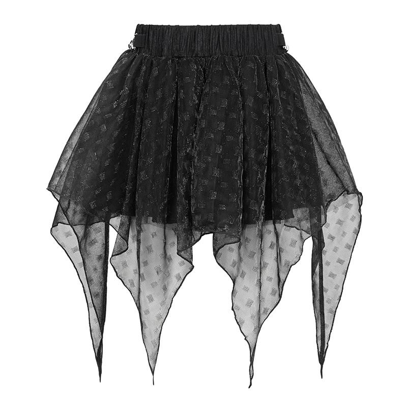 Women's irregular layered mesh skirt in black, featuring an elastic waistband and grunge style design.