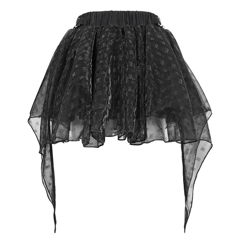 Women's black irregular layered mesh skirt with elastic waistband, perfect for a grunge-inspired outfit.