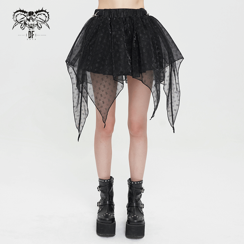 Women's irregular layered mesh skirt in black, featuring a grunge style with an elastic waistband and a flowy design.