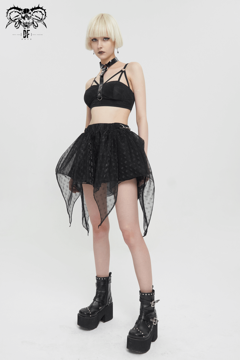 Model wearing a Women's Irregular Layered Mesh Skirt in Grunge Style with a black top and chunky boots.