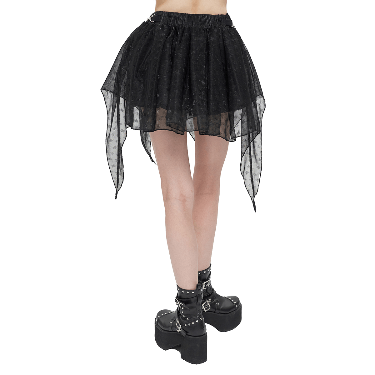 Women's irregular layered mesh black skirt with a grunge style and elastic waistband, showcasing a unique cut.