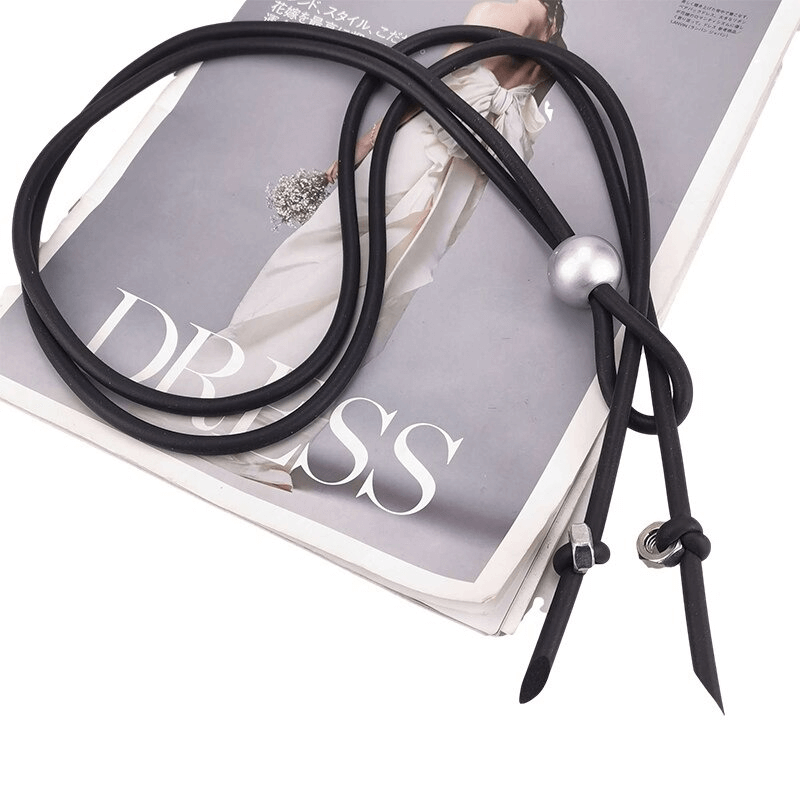 Women's punk style long necklace with pearls and screws, adjustable rubber design, perfect for edgy fashion.