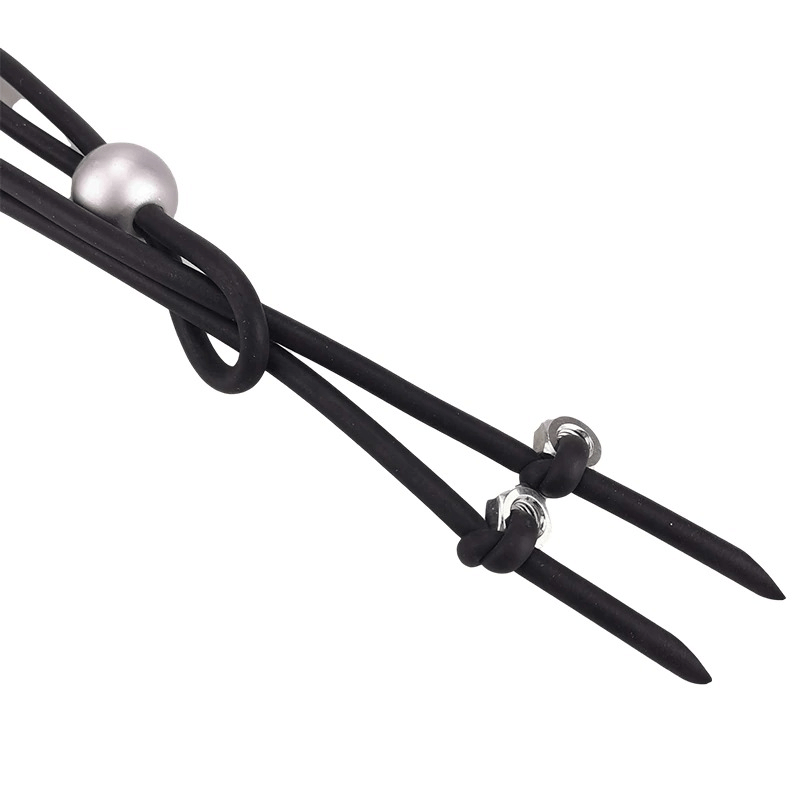 Close-up of women's long necklace with pearls and screws, featuring adjustable black rubber and punk style design.